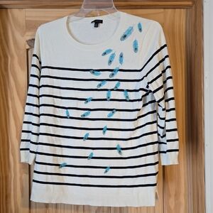 Talbots White and Black Striped Top with Blue Accents